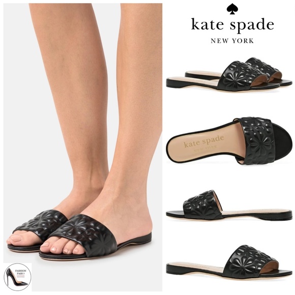 Kate Spade Emmie Floral Embossed Slide Sandals Black Leather Flat Mules 9.5 - Picture 2 of 13